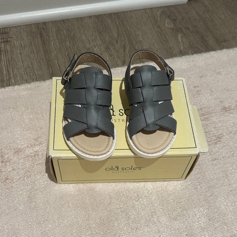 New Old Soles Kids Charcoal Leather Fisherman Sandals